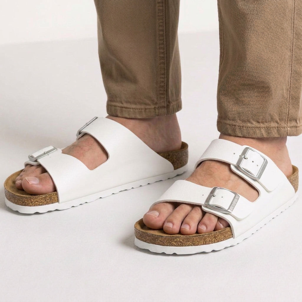 Double Buckle Leather Slide Sandals with Cork Footbed