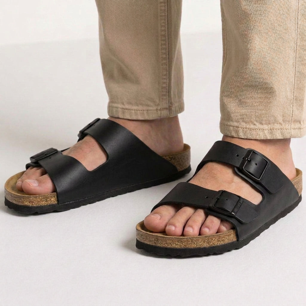 Double Buckle Leather Slide Sandals with Cork Footbed