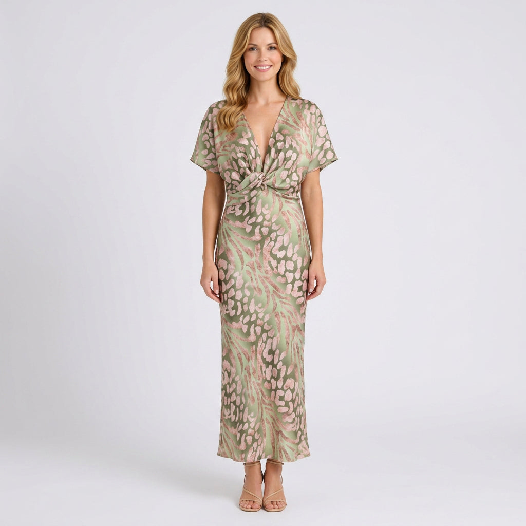 Printed Twist Front Midi Dress – V-Neck Short Sleeve Style