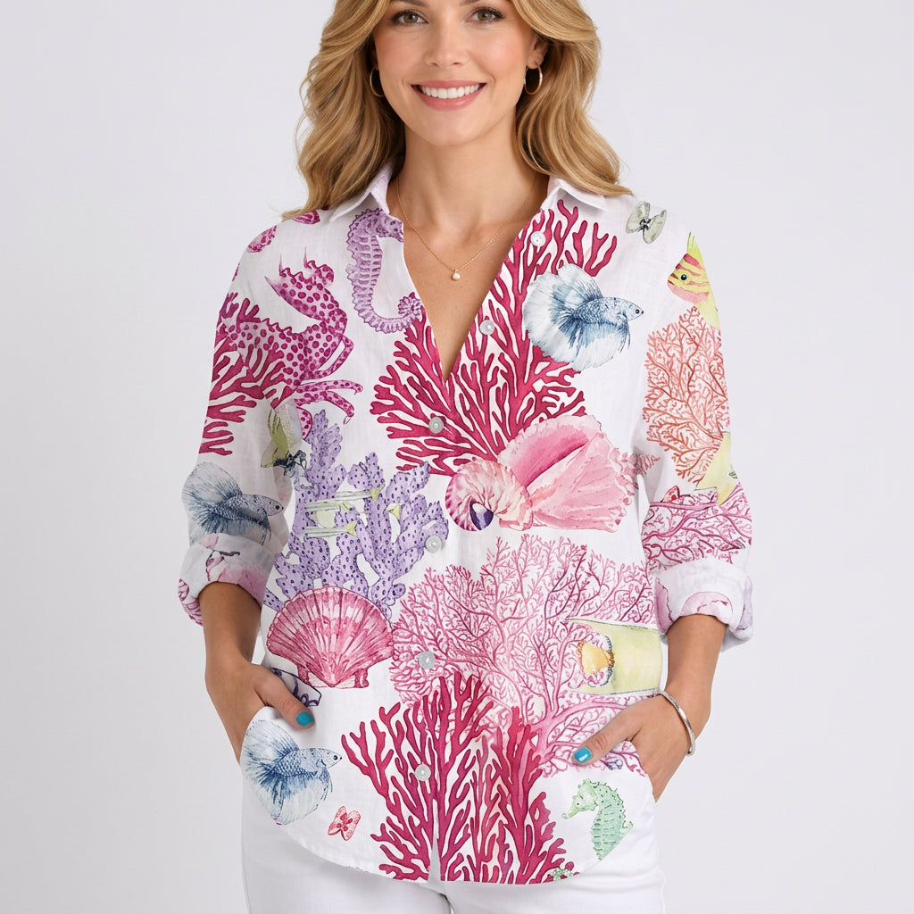 Women’s Floral Button Up Shirt – Long Sleeve Collared Blouse Style