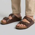 Double Buckle Leather Slide Sandals with Cork Footbed