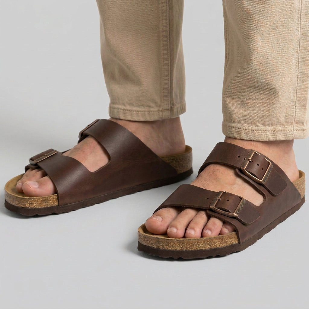 Double Buckle Leather Slide Sandals with Cork Footbed