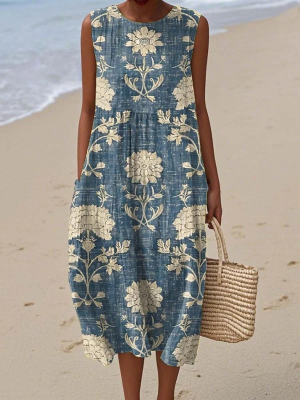 Robe midi sans manches à imprimé abstrait, avec poches latérales
