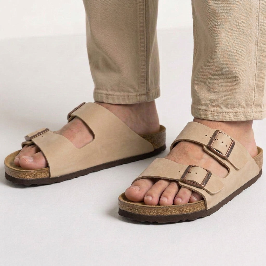 Double Buckle Leather Slide Sandals with Cork Footbed