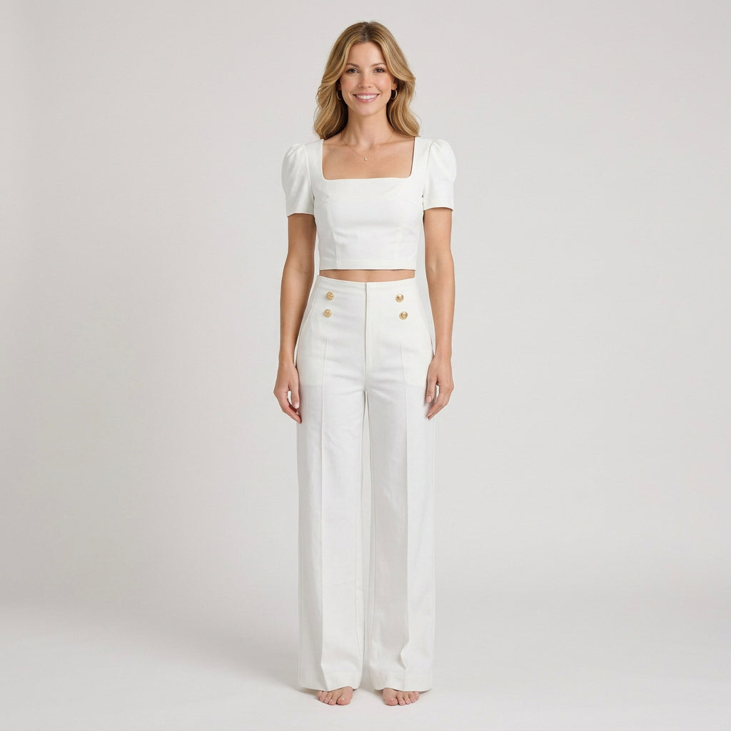 Cropped Co-Ord Set – Square Neck Puff Sleeve Wide Leg Style
