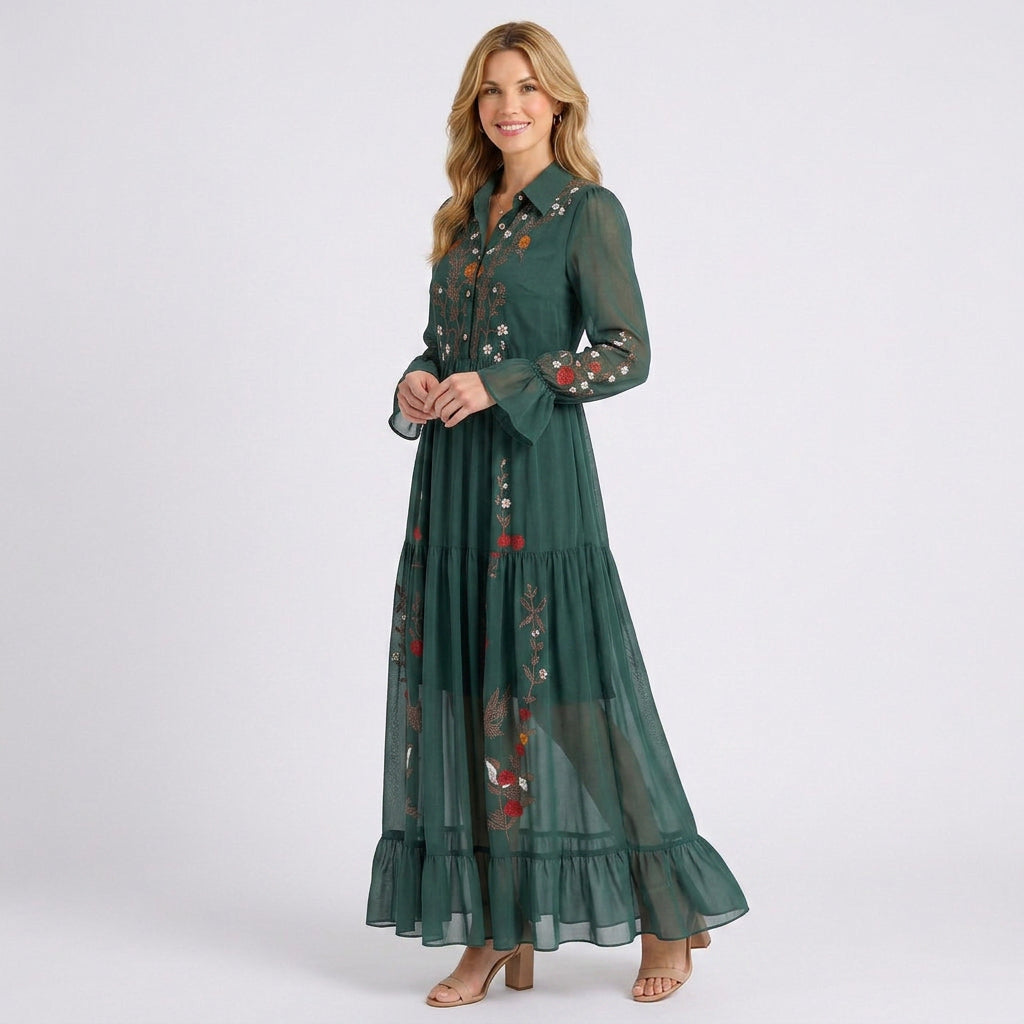 Embroidered Maxi Dress – Collared Belted Tiered Style