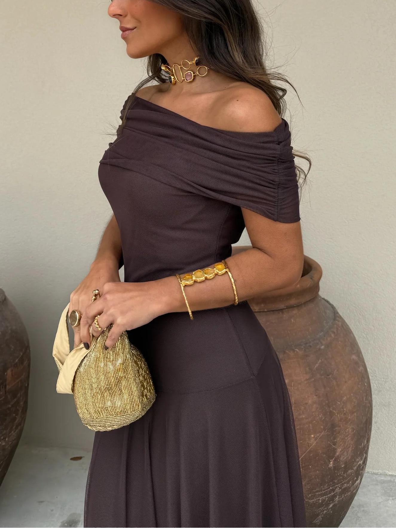 Off-Shoulder Sheer Mesh Flowy Maxi Dress