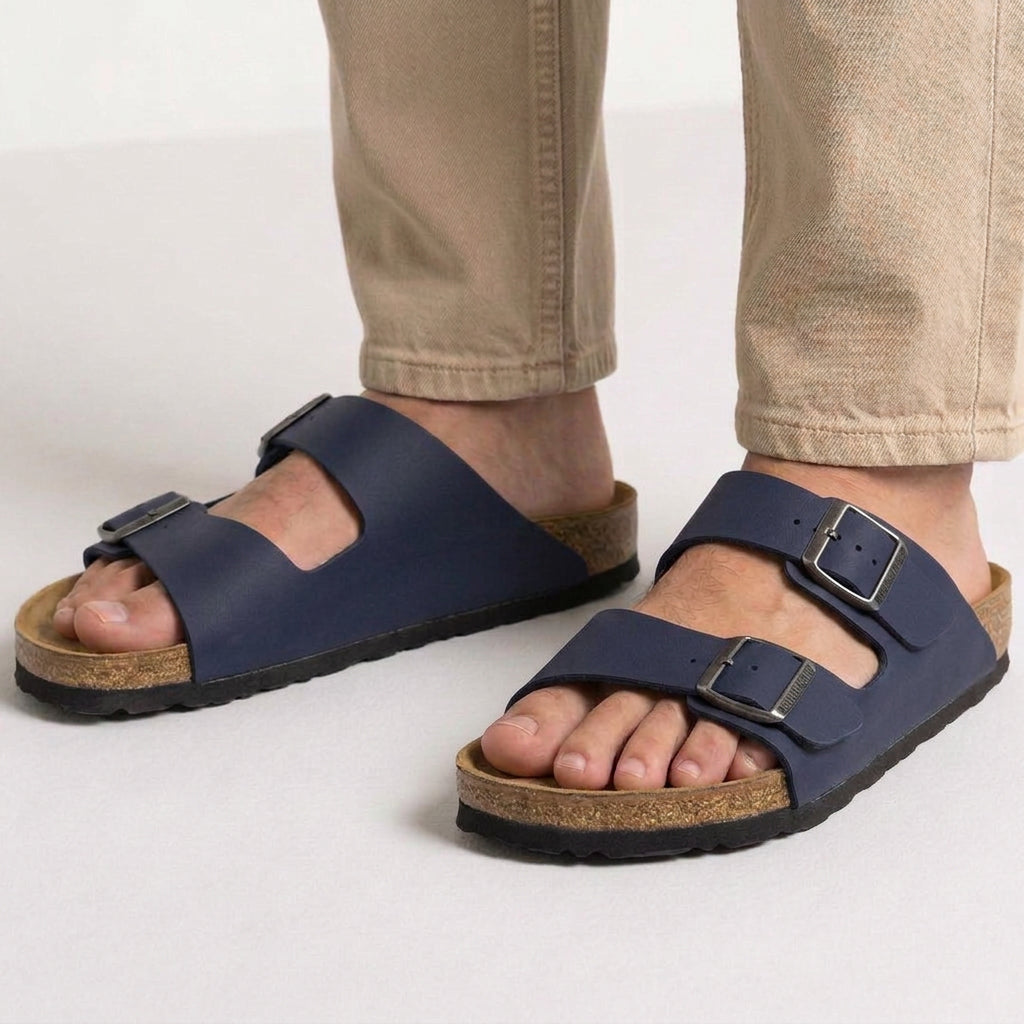 Double Buckle Leather Slide Sandals with Cork Footbed