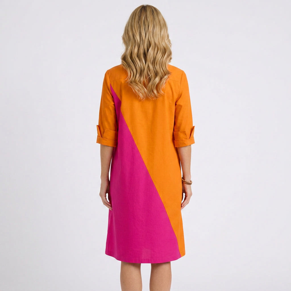 Women’s Shirt Midi Dress – Collared Half Placket Colorblock Style