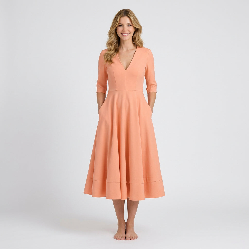 Women’s Midi Dress V Neck Fit and Flare – Short Sleeve Occasion Dress
