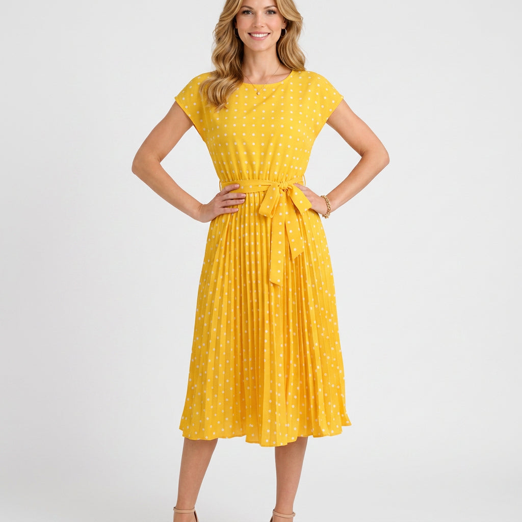 Polka Dot Midi Dress – Tie Waist Pleated Style