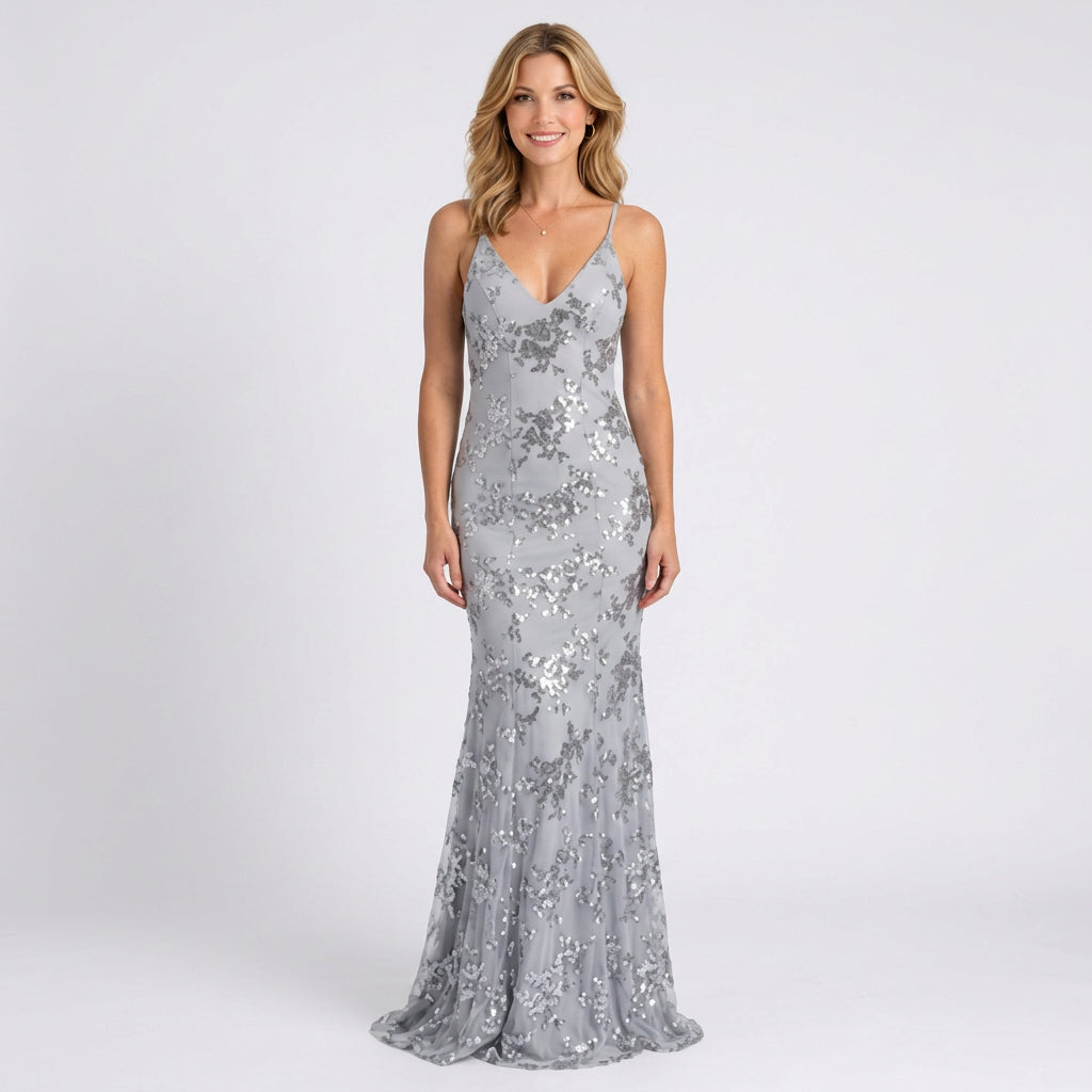 Sequin Maxi Dress Women’s V Neck Evening Gown