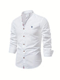 Men's long-sleeve mandarin collar shirt with button front and chest emblem