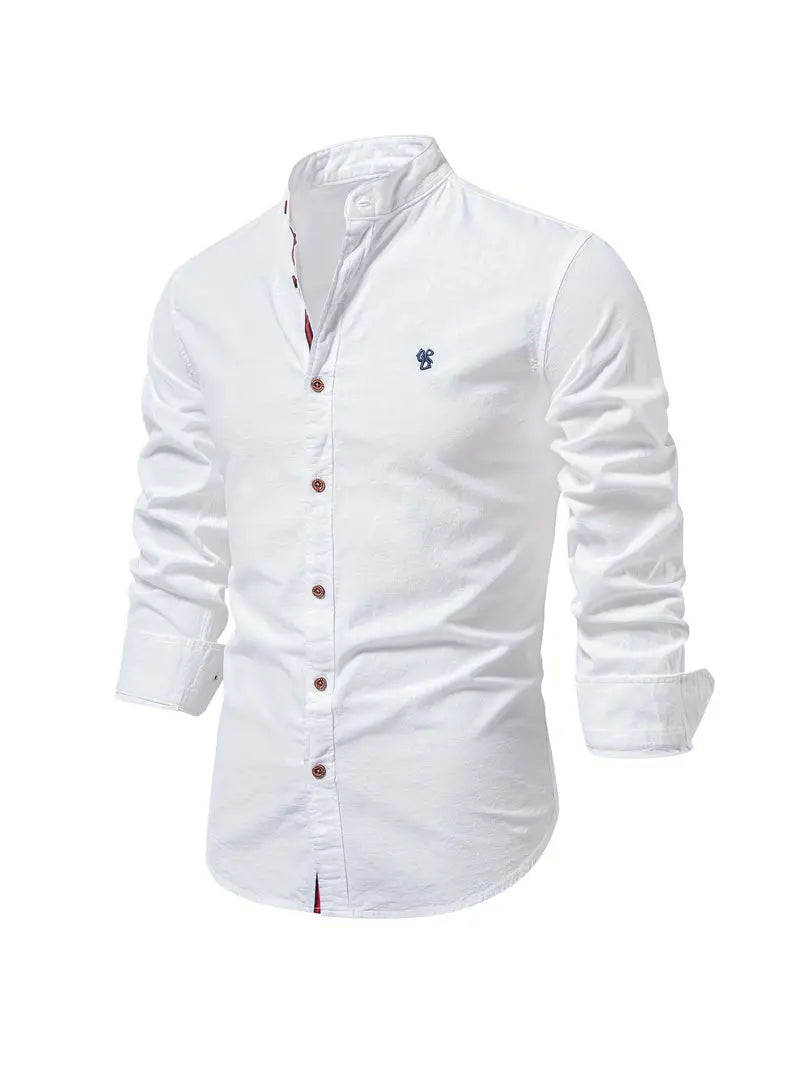 Men's long-sleeve mandarin collar shirt with button front and chest emblem