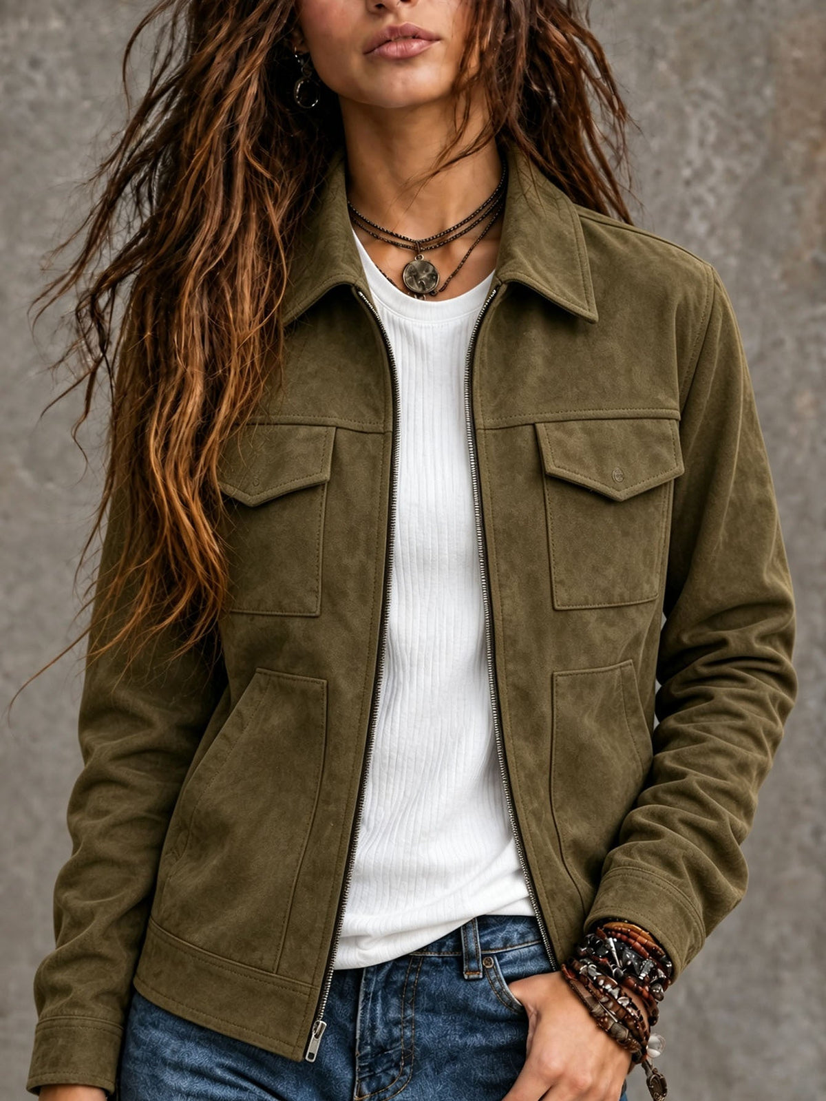 Women's Suede-Look Zip-Up Jacket with Flap Pockets