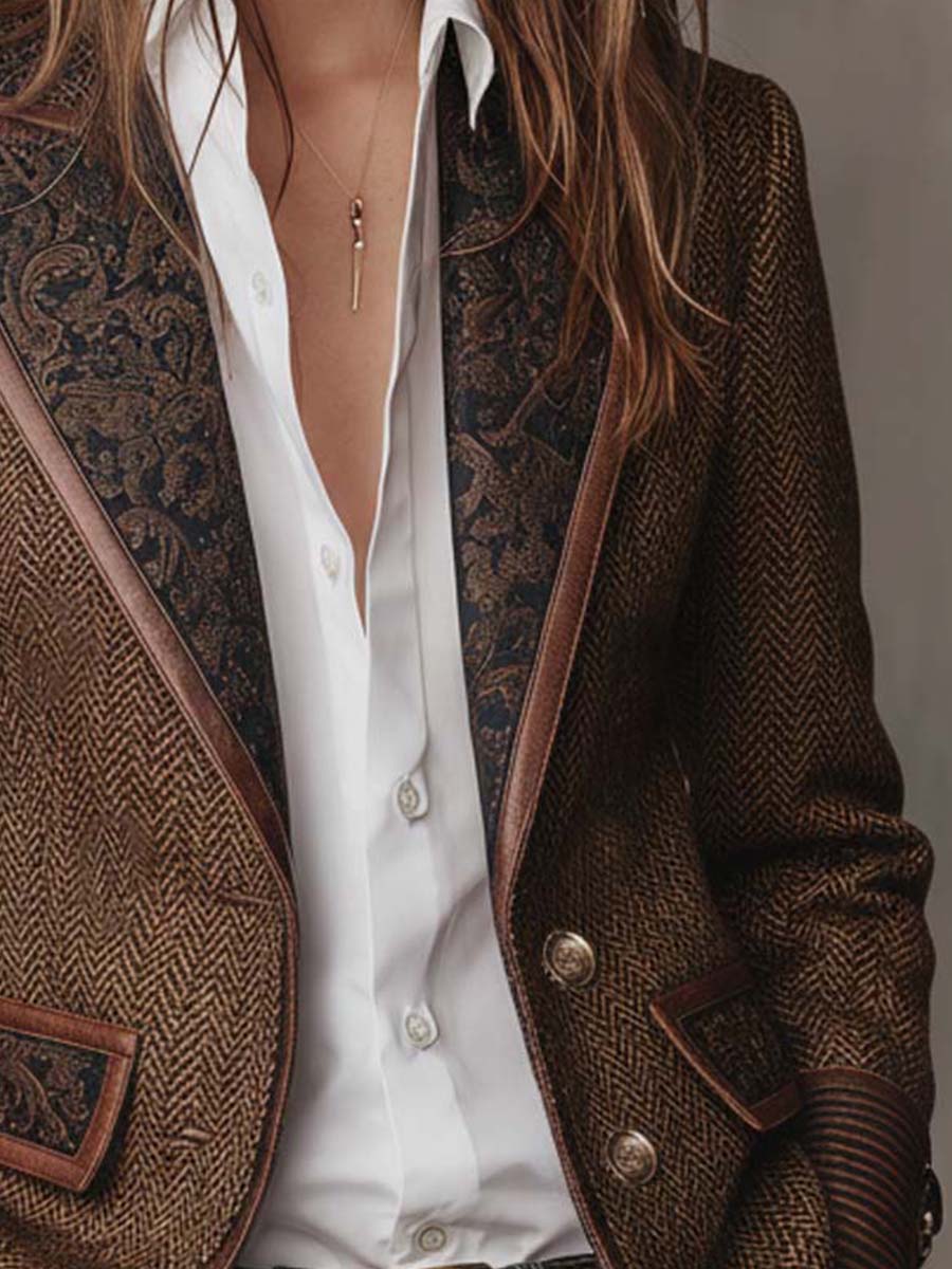 Women's Herringbone Blazer with Paisley Jacquard Lapels