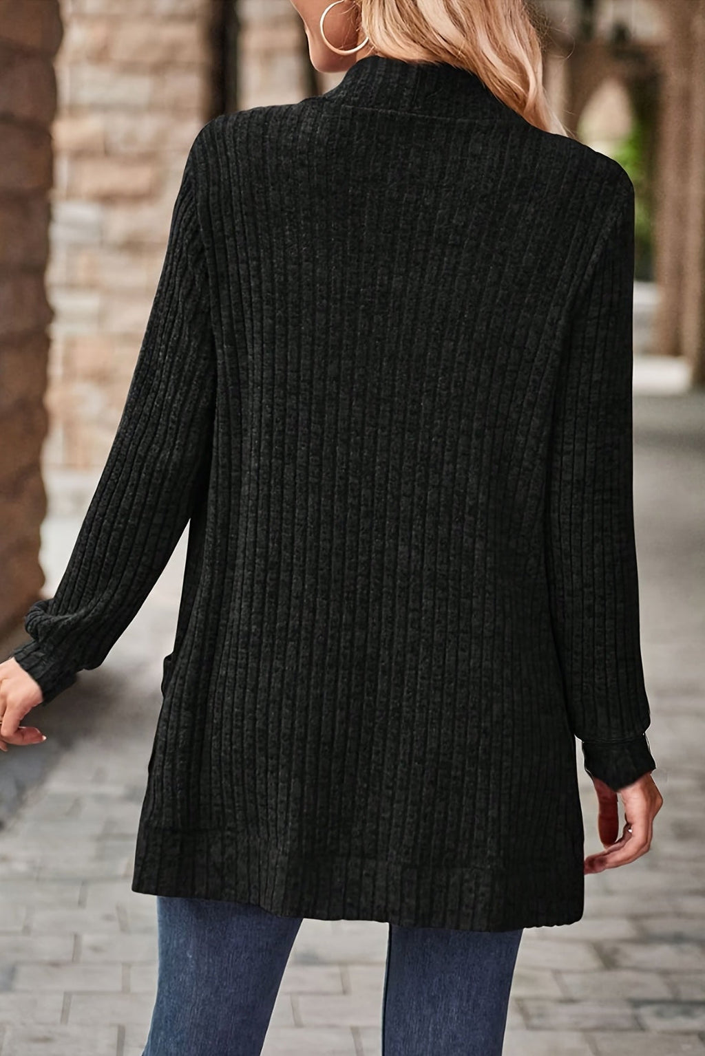 Women's Open Front Ribbed Knit Pocket Cardigan