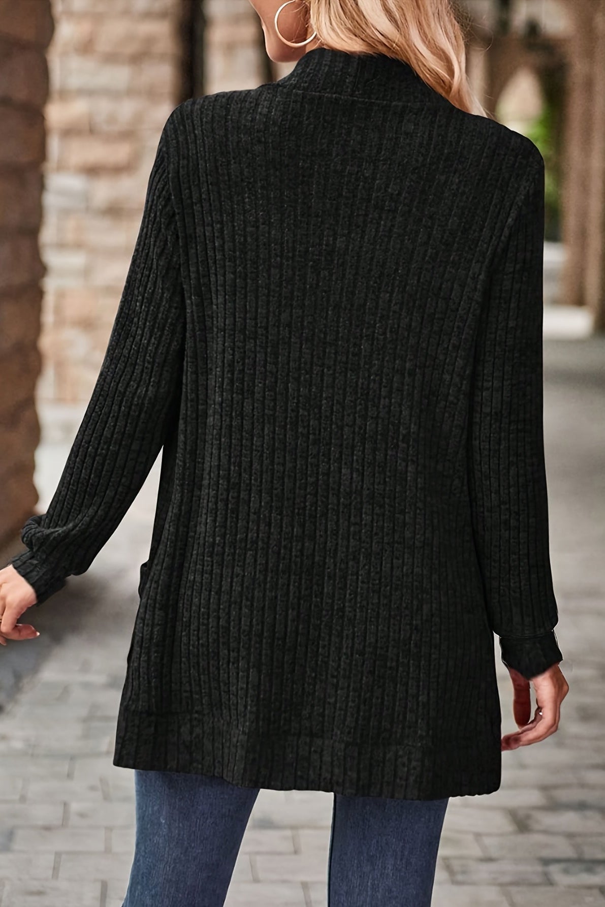 Women's Open Front Ribbed Knit Pocket Cardigan