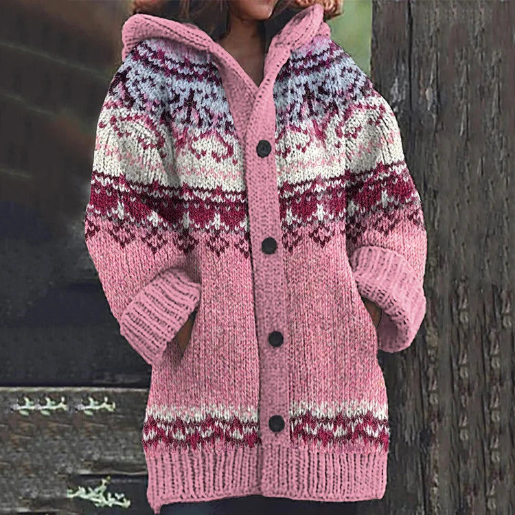 Women's hooded geometric knit cardigan with long sleeves and button front