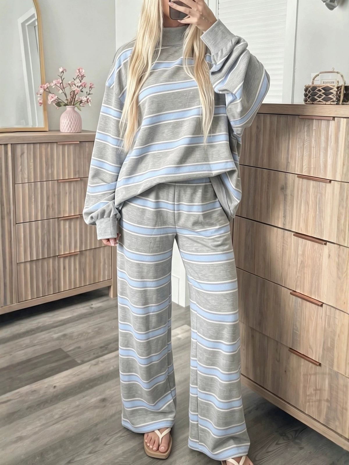 Women's Striped Oversized Sweatshirt and Wide-Leg Trouser Set
