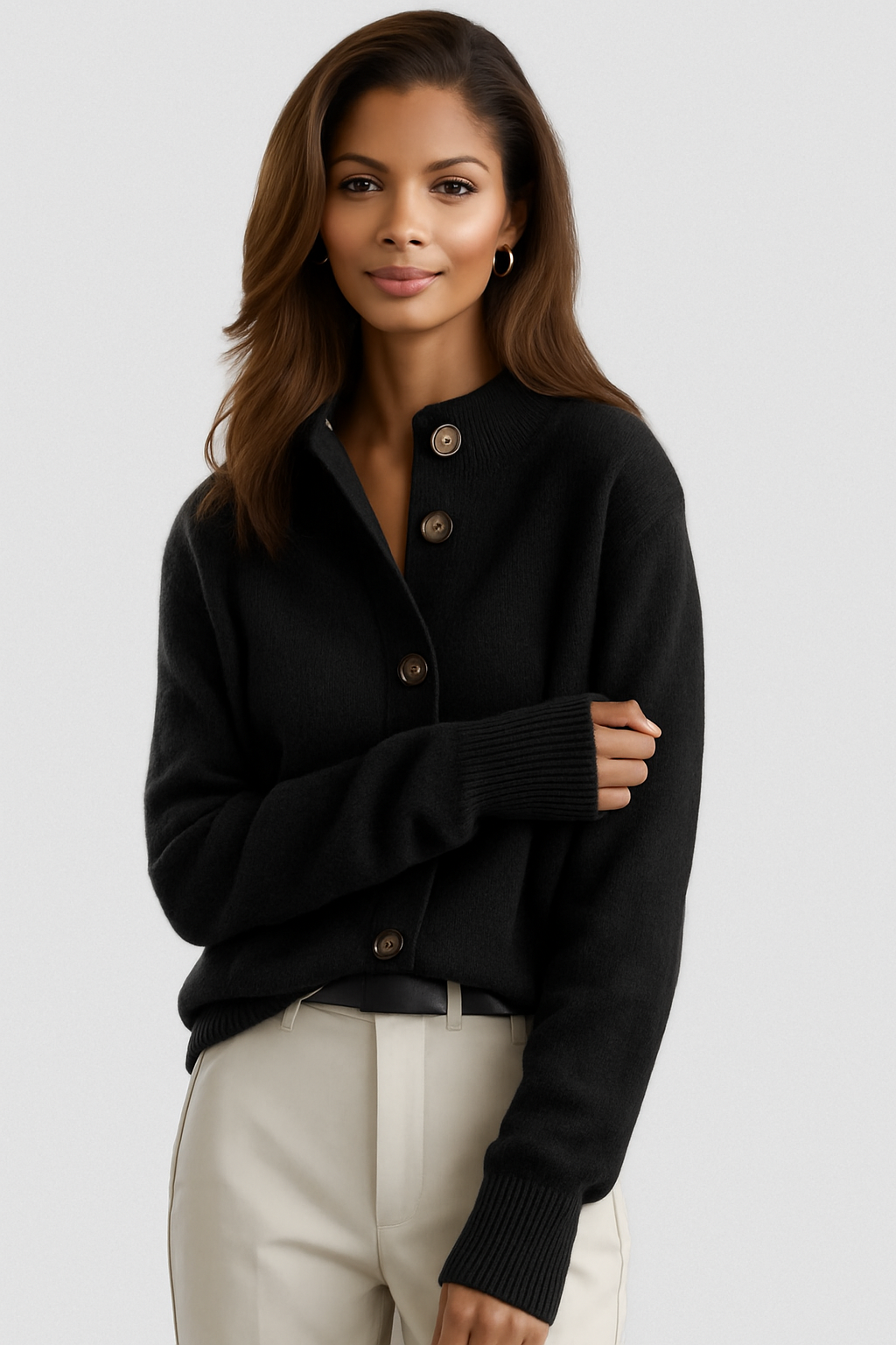 Women's knit cardigan with collar, button front, long sleeves and ribbed trim