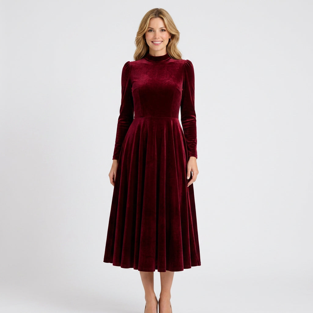 Velvet Midi Dress – High Neck Long Sleeve Occasion Style