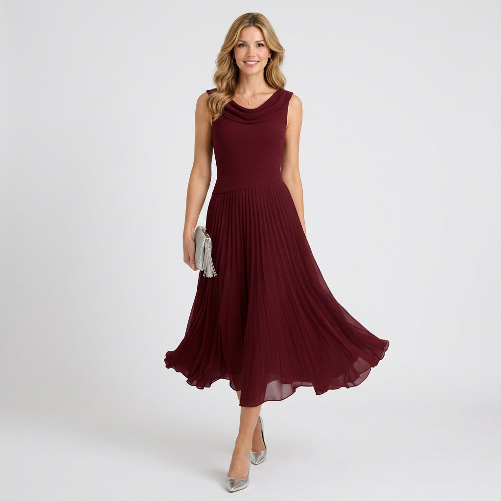 Pleated Midi Dress – Sleeveless Cowl Neck Style