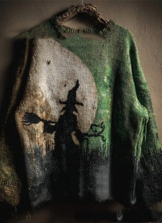 Women's color block sweater with cat motifs, distressed edges and stitched panel details