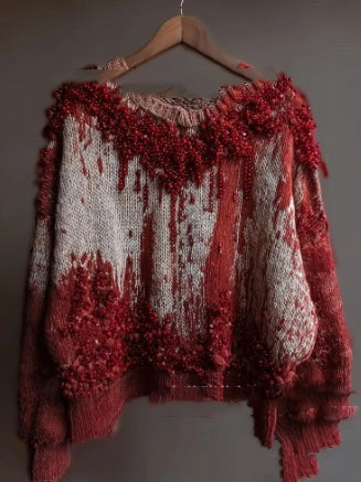 Women's color block sweater with cat motifs, distressed edges and stitched panel details