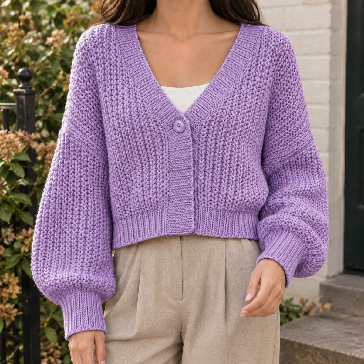Women's Chunky Knit Balloon Sleeve Cropped Cardigan