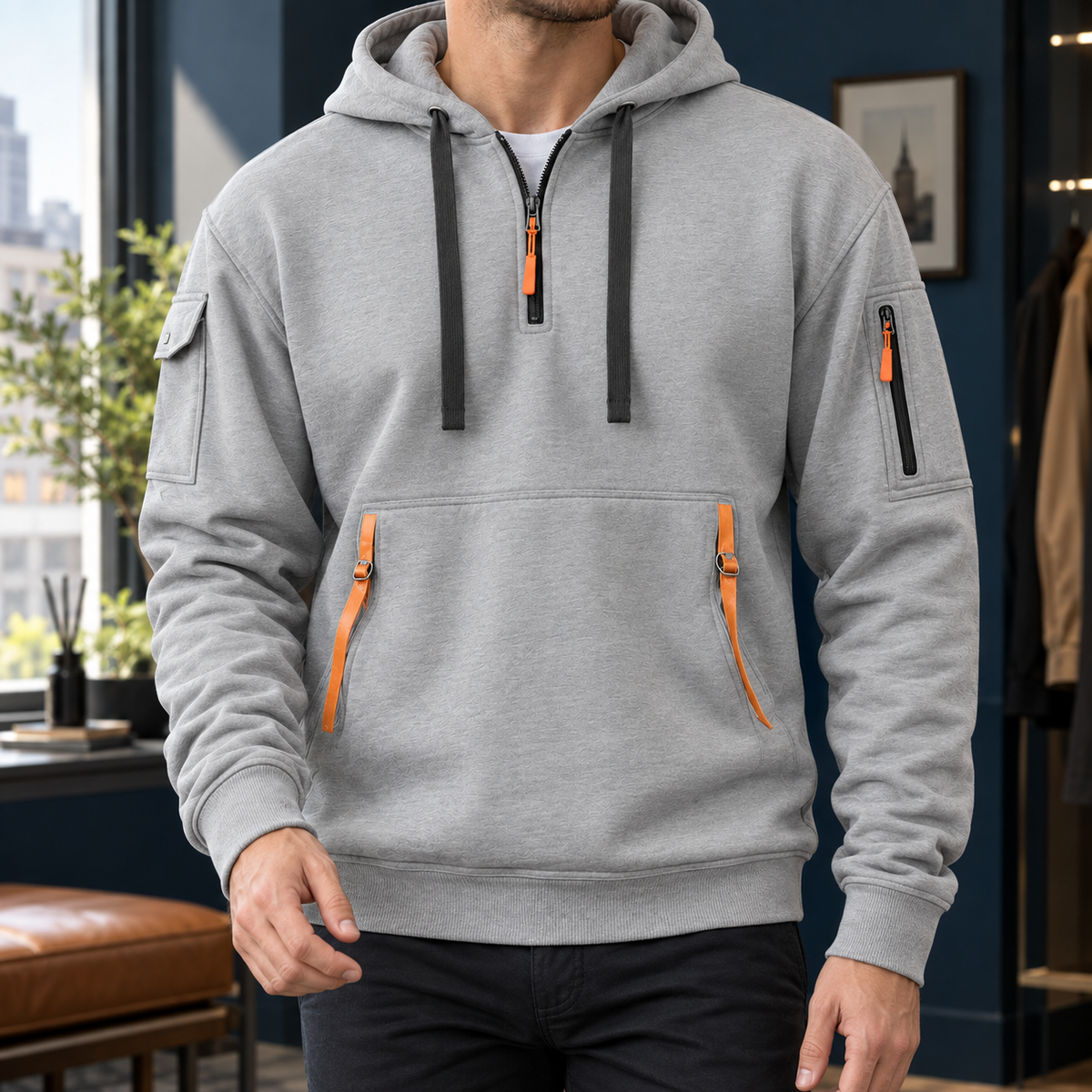 Men's Utility Half-Zip Hoodie with Pocket Detailing