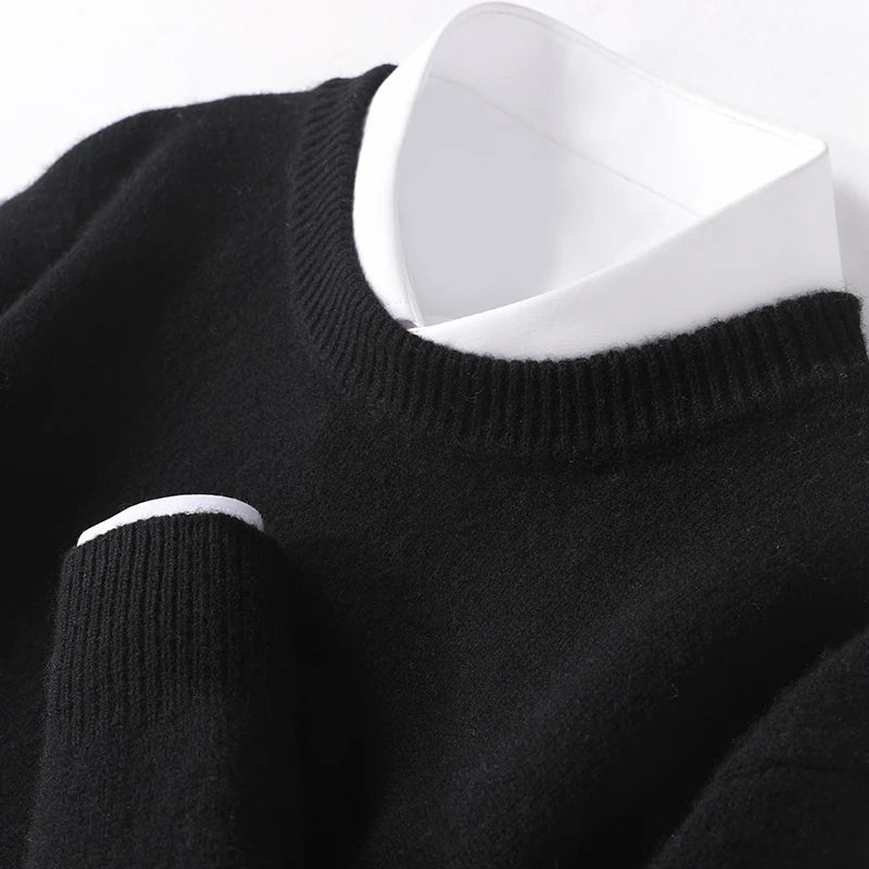 Men's textured knit crew neck sweater shown in light blue and black with long sleeves and ribbed edges