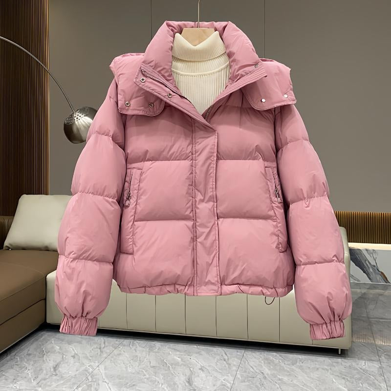 Women's cropped quilted puffer jacket with hood, long sleeves and zip front