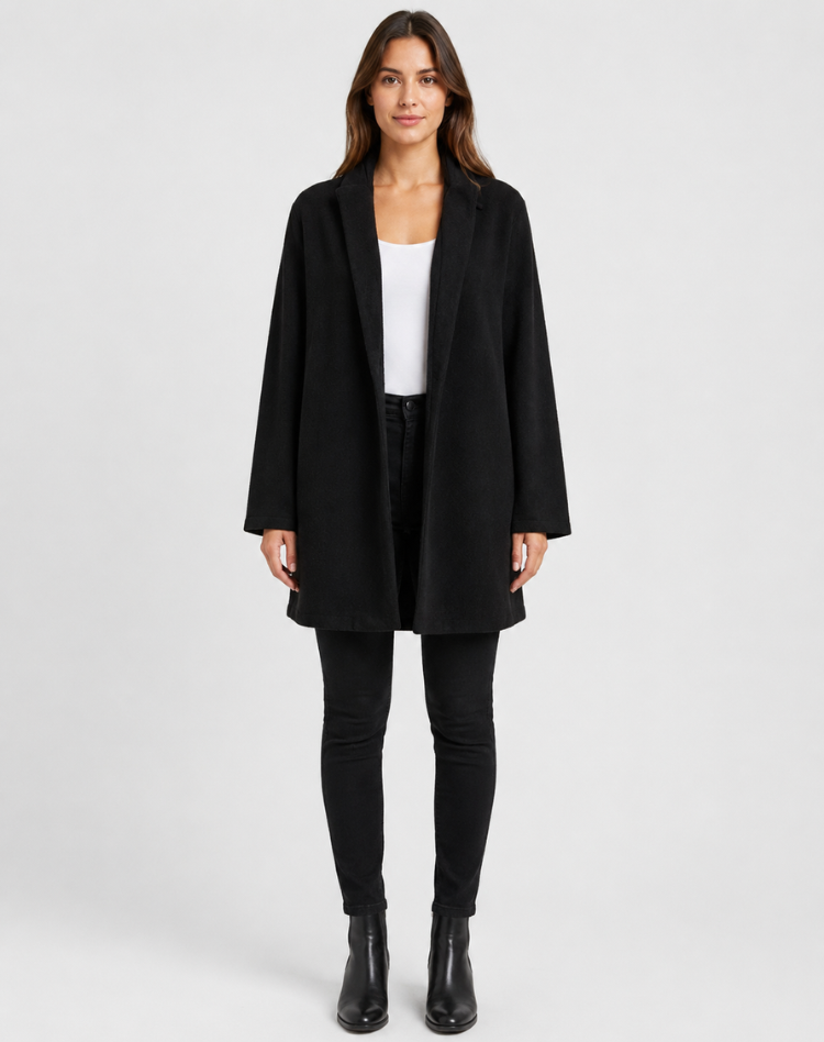Women's open front swing coat with lapel collar and long sleeves