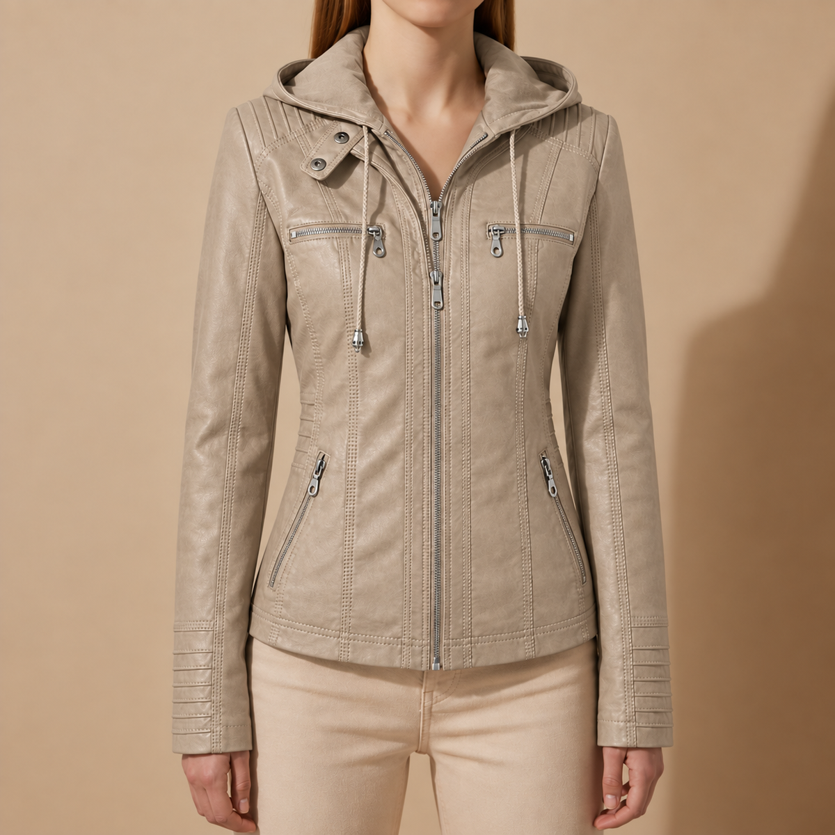 Women's Fitted Hooded Zip-Up Moto Jacket