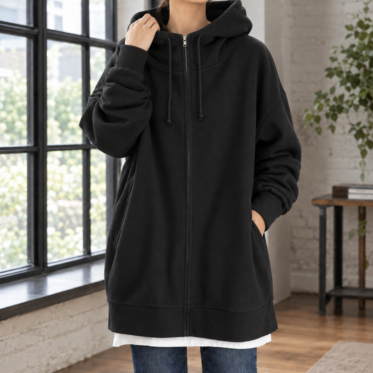 Women's Oversized Longline Zip-Up Hoodie