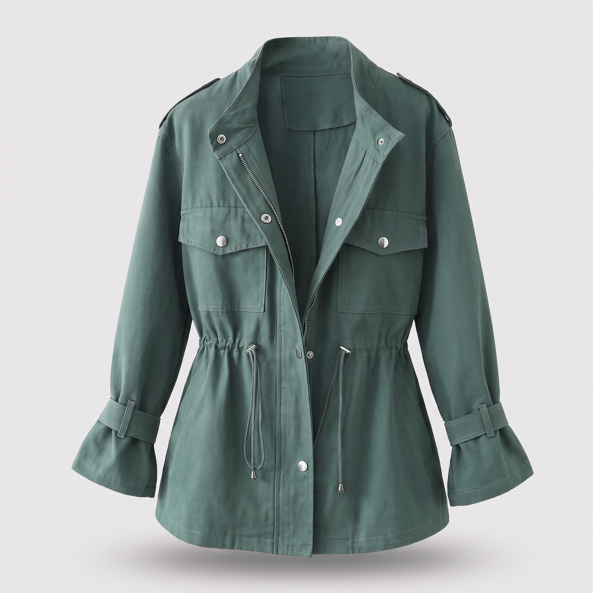 Women's utility field jacket with stand collar, cinched waist and flap pockets