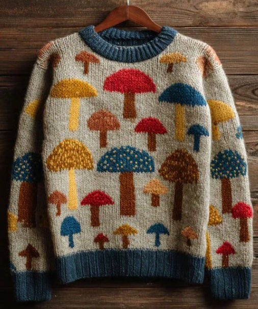 Women's color block sweater with cat motifs, distressed edges and stitched panel details