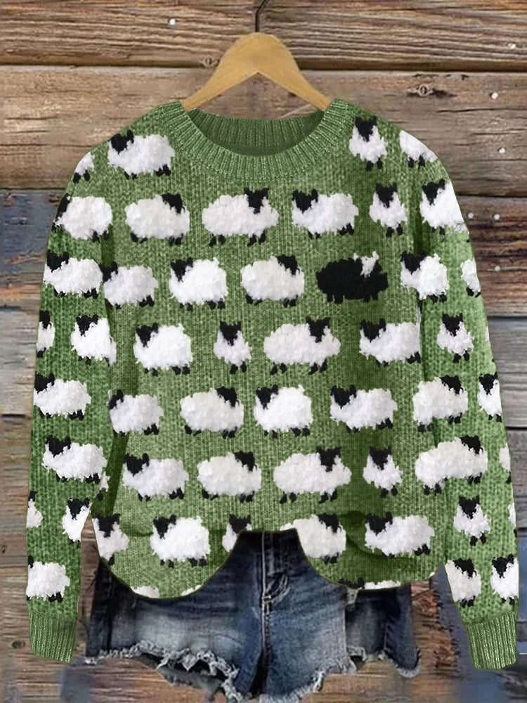 Women's crew neck sweater with a multicolor Christmas tree print and long sleeves