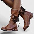 Women’s Vintage Distressed Leather-Look Lace-Back Mid-Calf Boots
