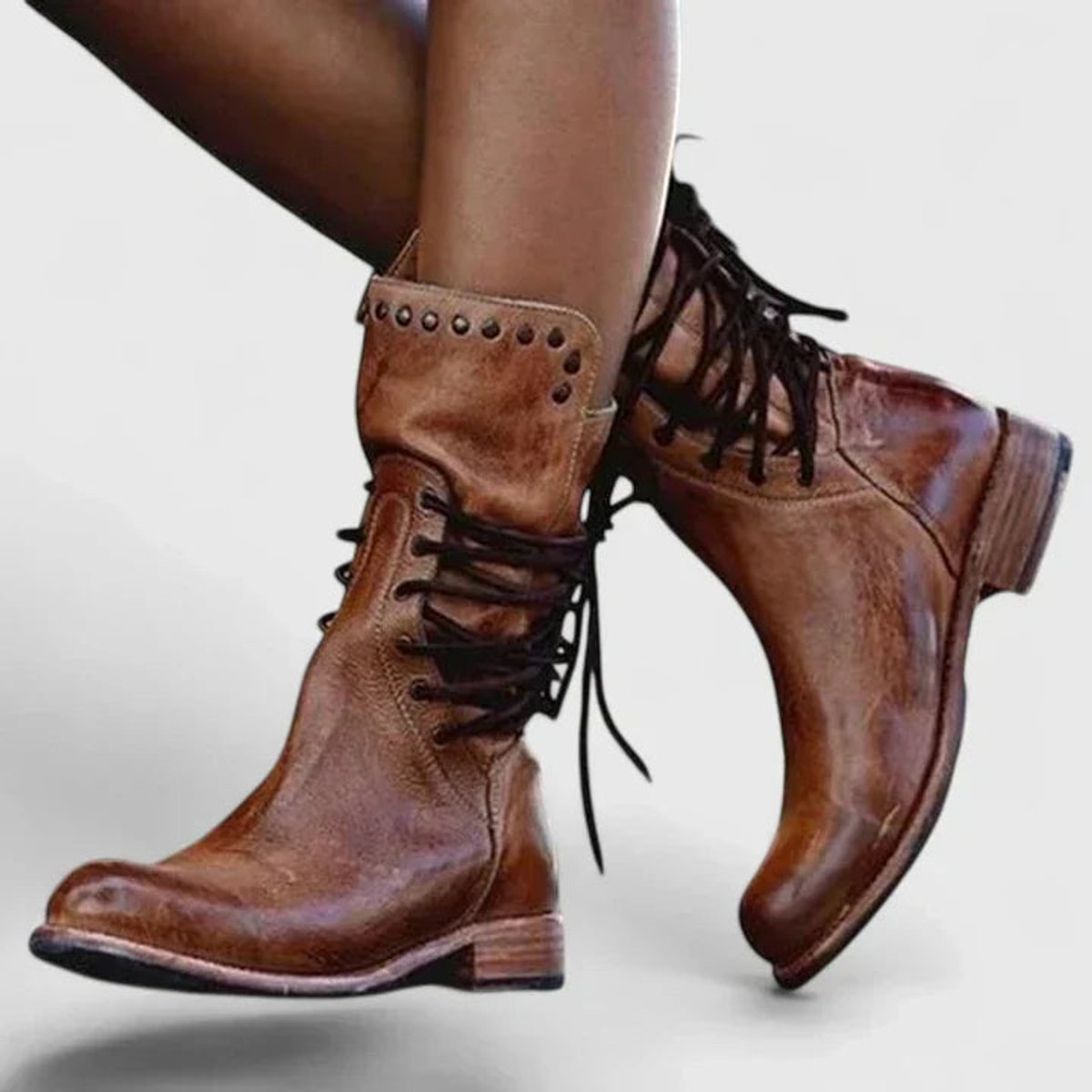 Women’s Vintage Distressed Leather-Look Lace-Back Mid-Calf Boots