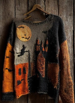 Women's color block sweater with cat motifs, distressed edges and stitched panel details