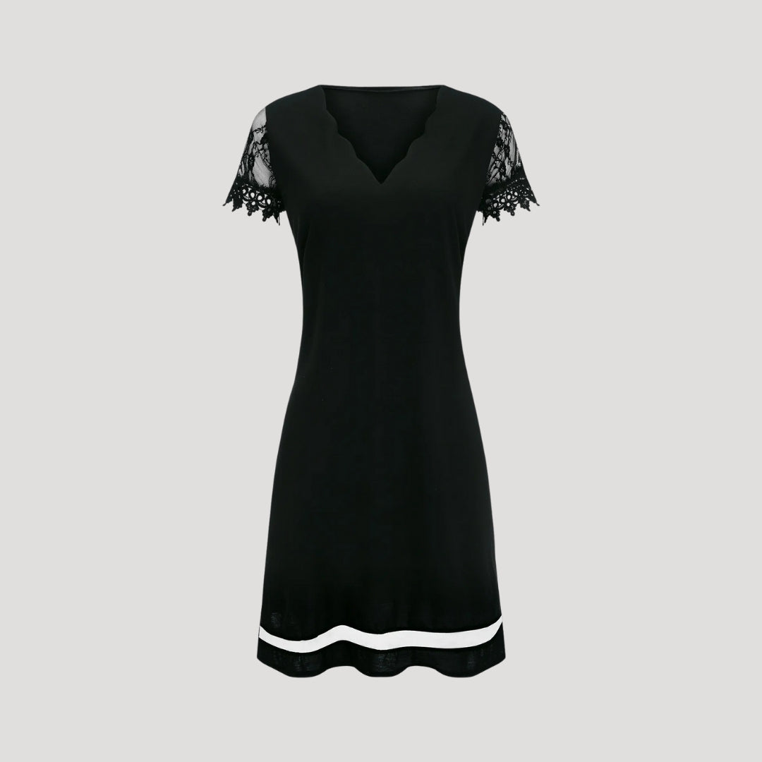 Mini Dress – Lace Sleeve Scalloped Neck Elegant Style