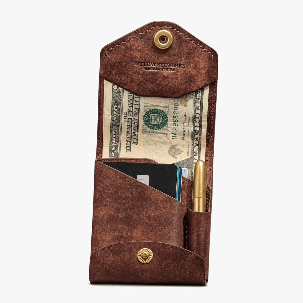Men's brown compact foldover wallet with brass-tone snap closure