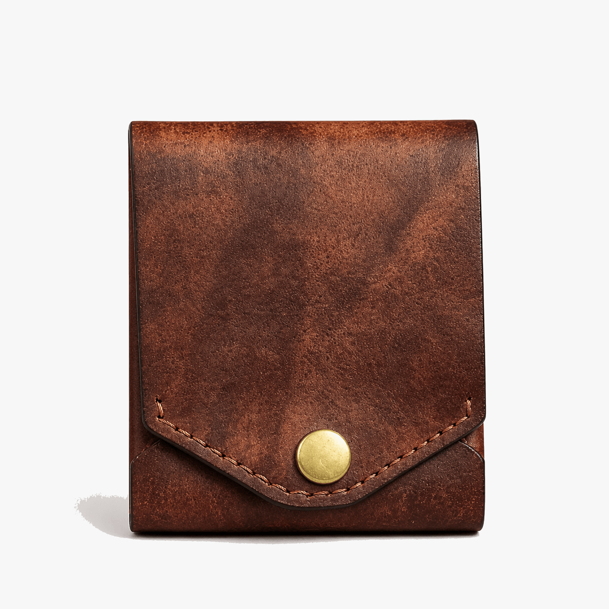 Men's brown compact foldover wallet with brass-tone snap closure