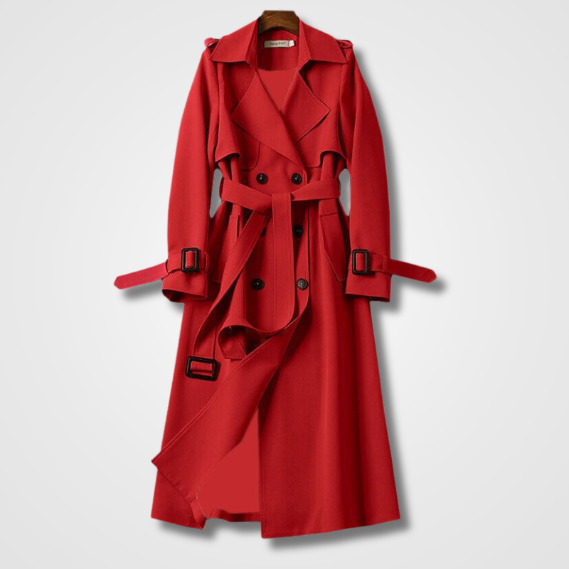 Trench-coat long à ceinture et à double boutonnage pour femme