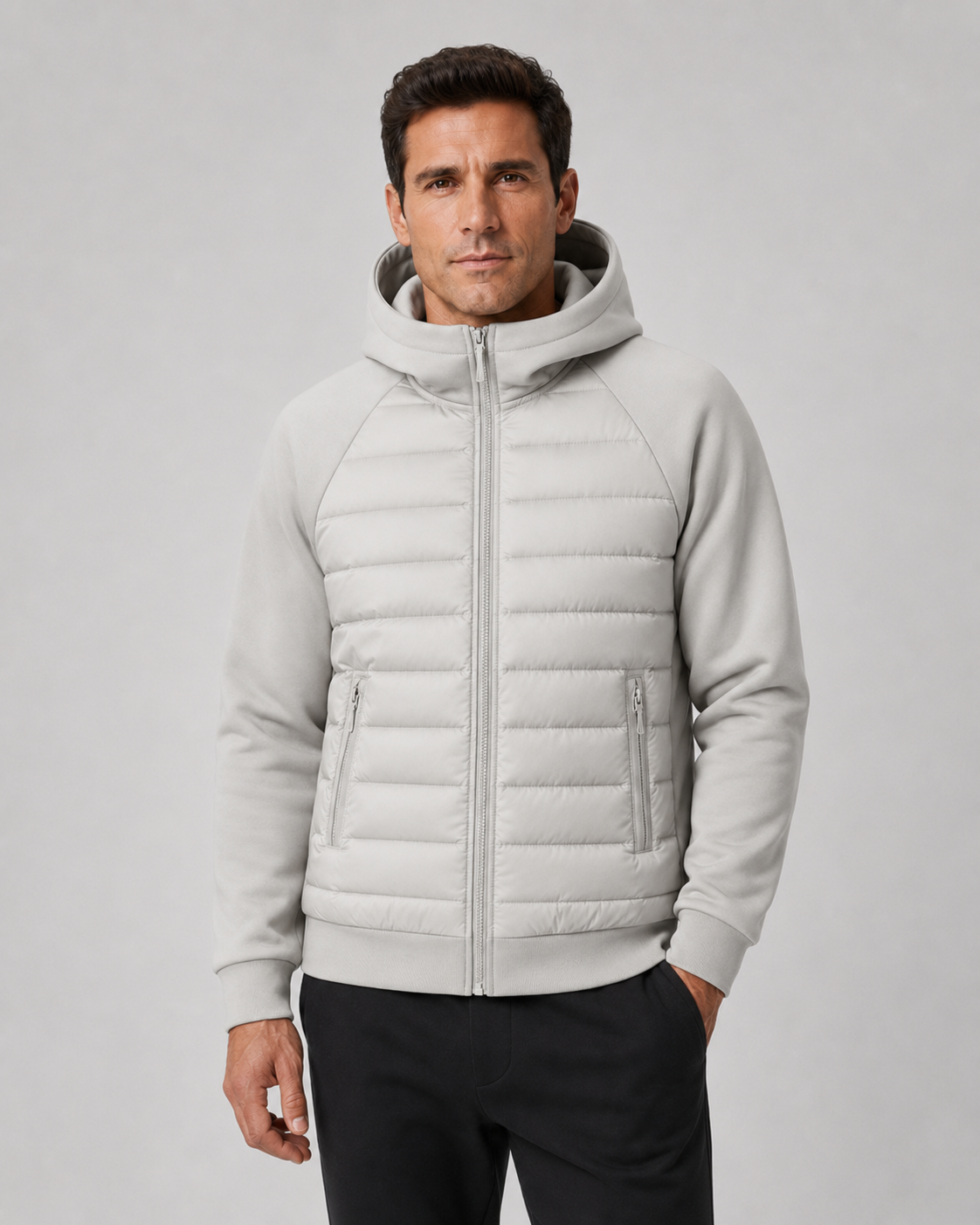 Men's quilted hooded zip jacket with long sleeves and front zip pockets