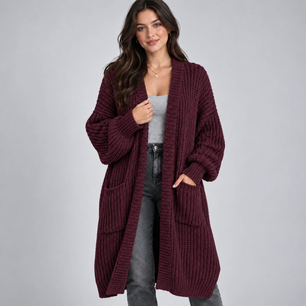 Women's Longline Chunky Knit Open Cardigan