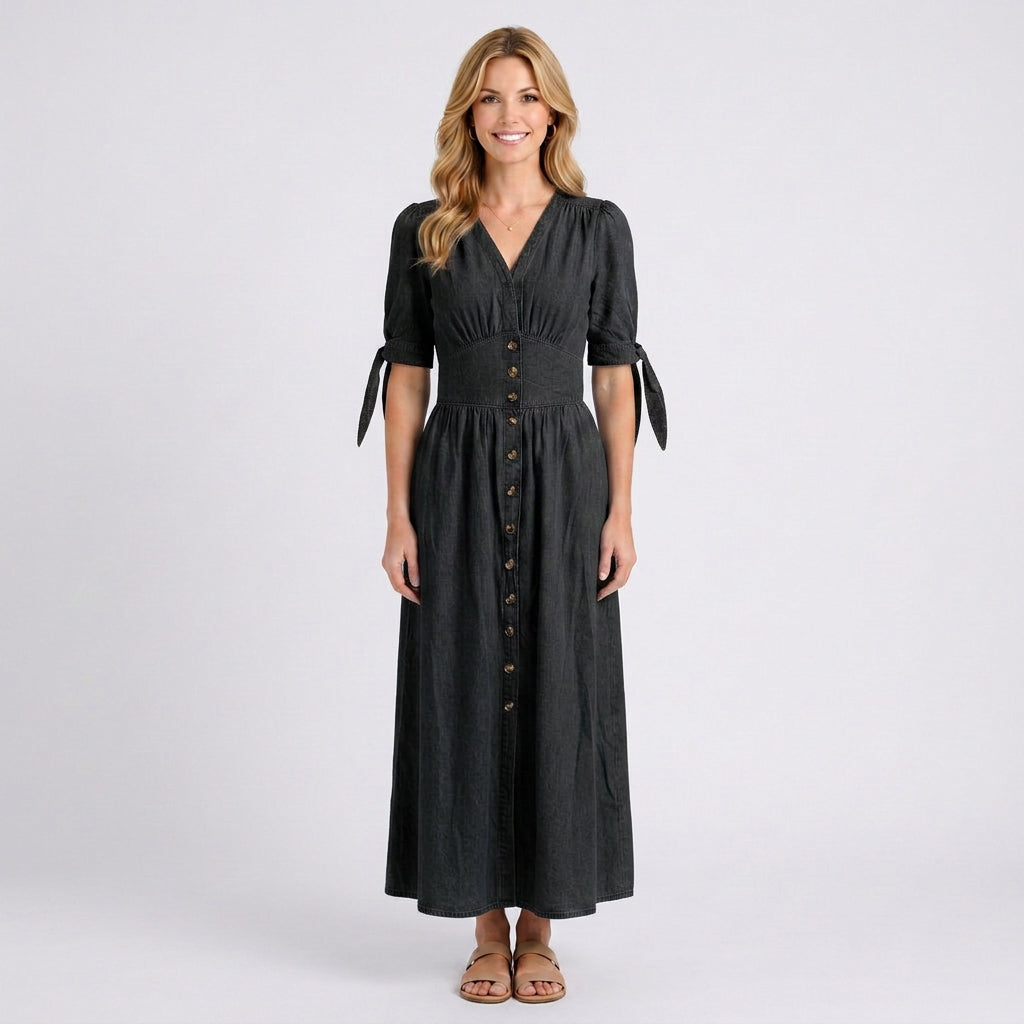 Maxi Dress – Button Front Tie Sleeve Casual Style