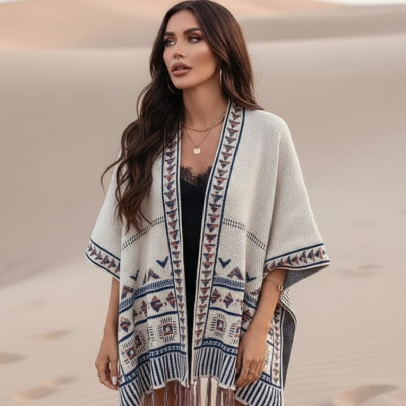 Gilet kimono bohème en maille à motifs géométriques et pompons pour femme